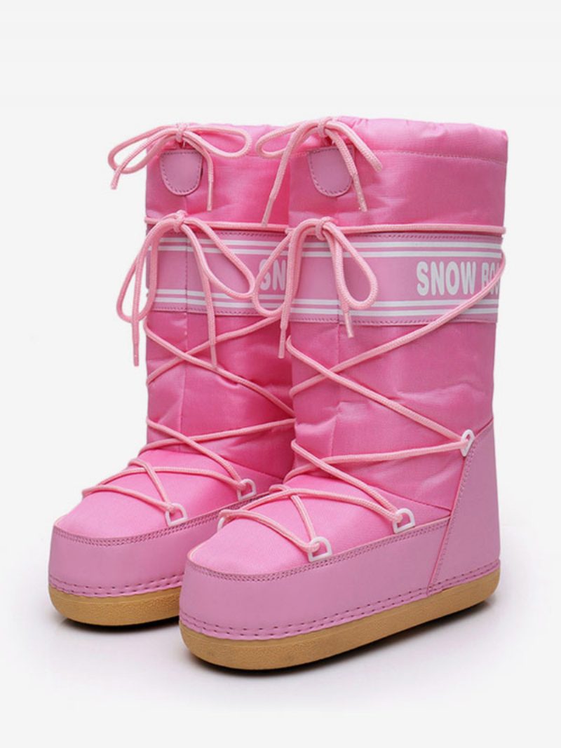 Schwarze Damen-schneestiefel Mit Runder Spitze Und Schnürung Für Den Winter - Rosa