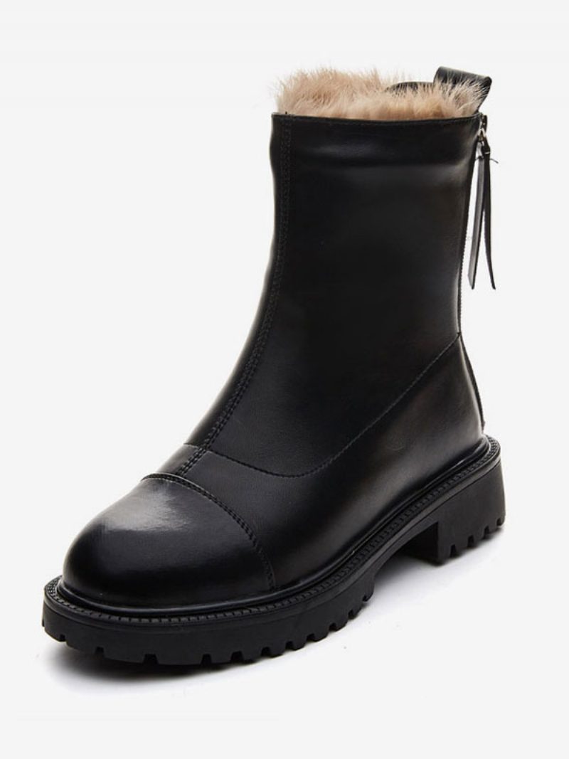 Schwarze Damen-stiefeletten Runde Zehenpartie Kurze Winterstiefel Mit Plüschdetail