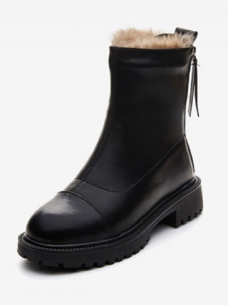 Schwarze Damen-stiefeletten Runde Zehenpartie Kurze Winterstiefel Mit Plüschdetail