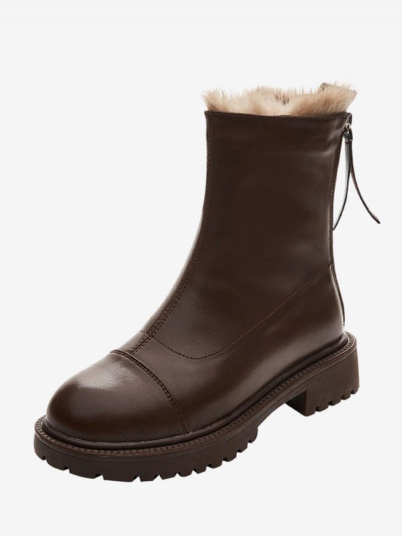 Schwarze Damen-stiefeletten Runde Zehenpartie Kurze Winterstiefel Mit Plüschdetail - Kaffeebraun