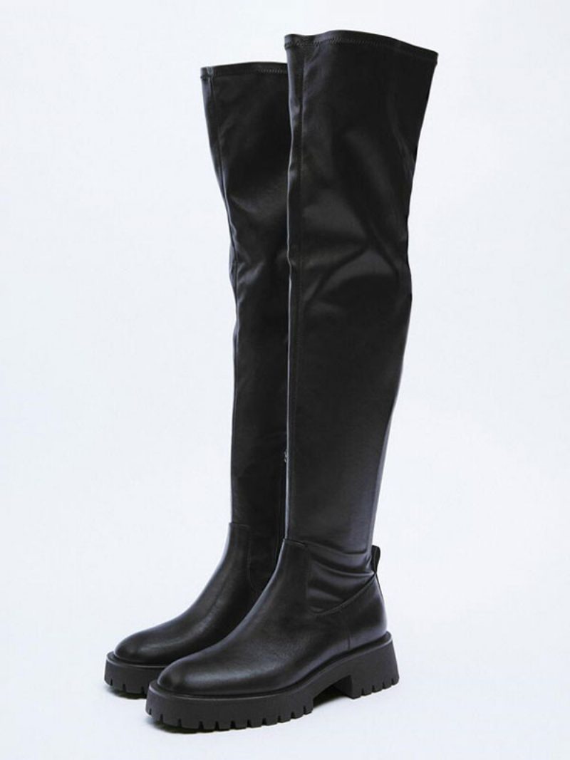 Schwarze Damenstiefel Aus Pu-leder Flache Overknee-stiefel