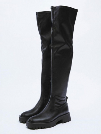 Schwarze Damenstiefel Aus Pu-leder Flache Overknee-stiefel