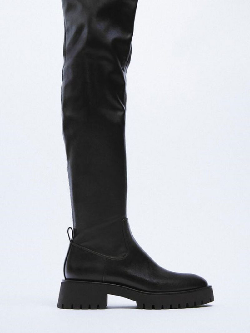 Schwarze Damenstiefel Aus Pu-leder Flache Overknee-stiefel - Schwarz