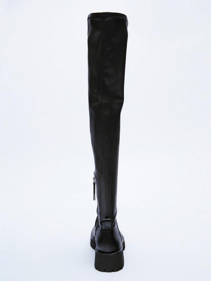 Schwarze Damenstiefel Aus Pu-leder Flache Overknee-stiefel - Schwarz