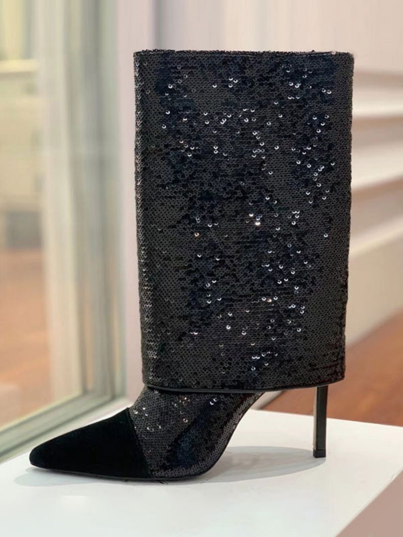 Schwarze Damenstiefel Mit Pailletten Spitzem Zehenbereich Und Stiletto-absatz