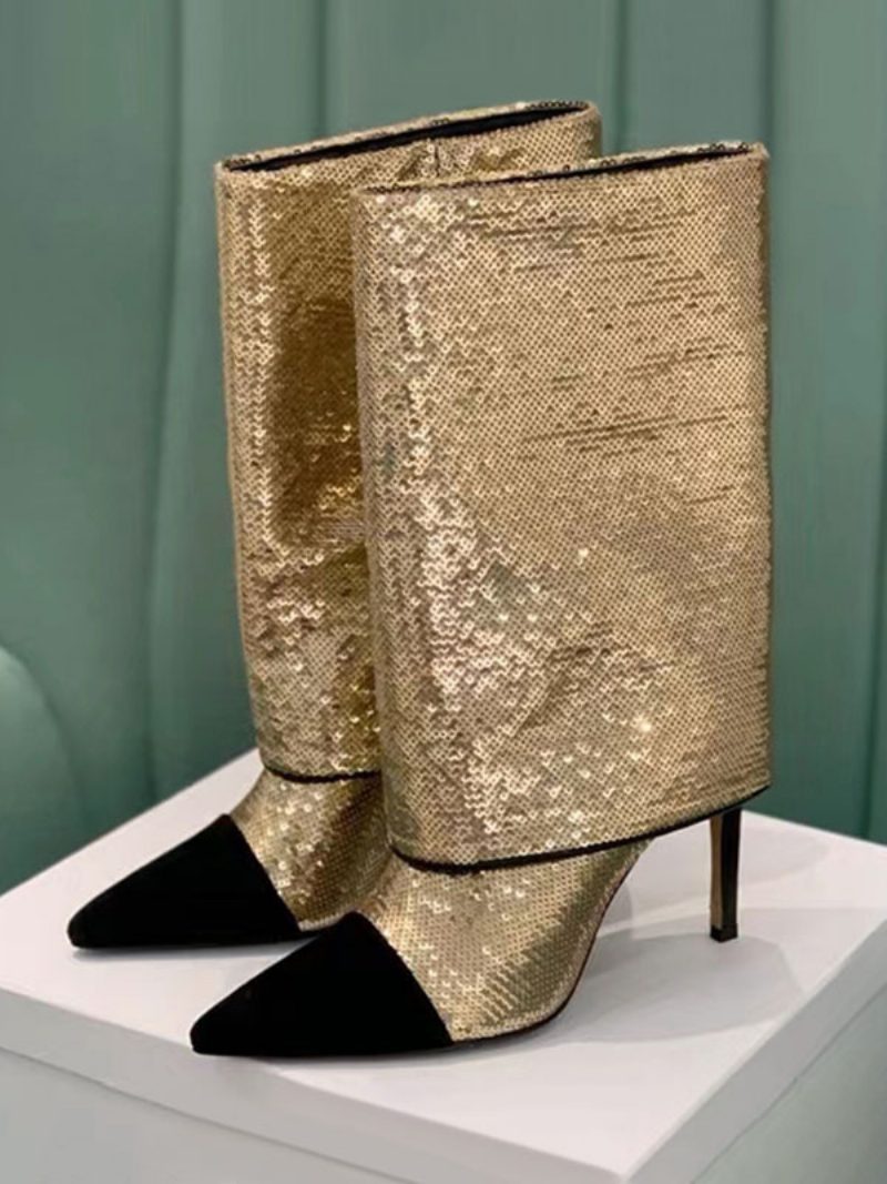 Schwarze Damenstiefel Mit Pailletten Spitzem Zehenbereich Und Stiletto-absatz - Gold