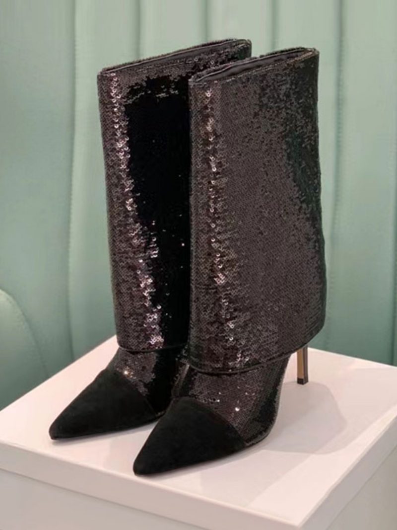 Schwarze Damenstiefel Mit Pailletten Spitzem Zehenbereich Und Stiletto-absatz - Schwarzes Silber