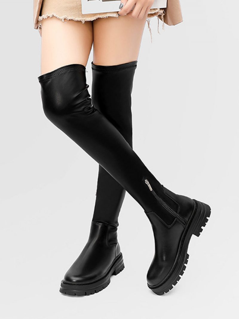 Schwarze Elastische Stiefel Für Damen Mit Runder Spitze Overknee-stiefel