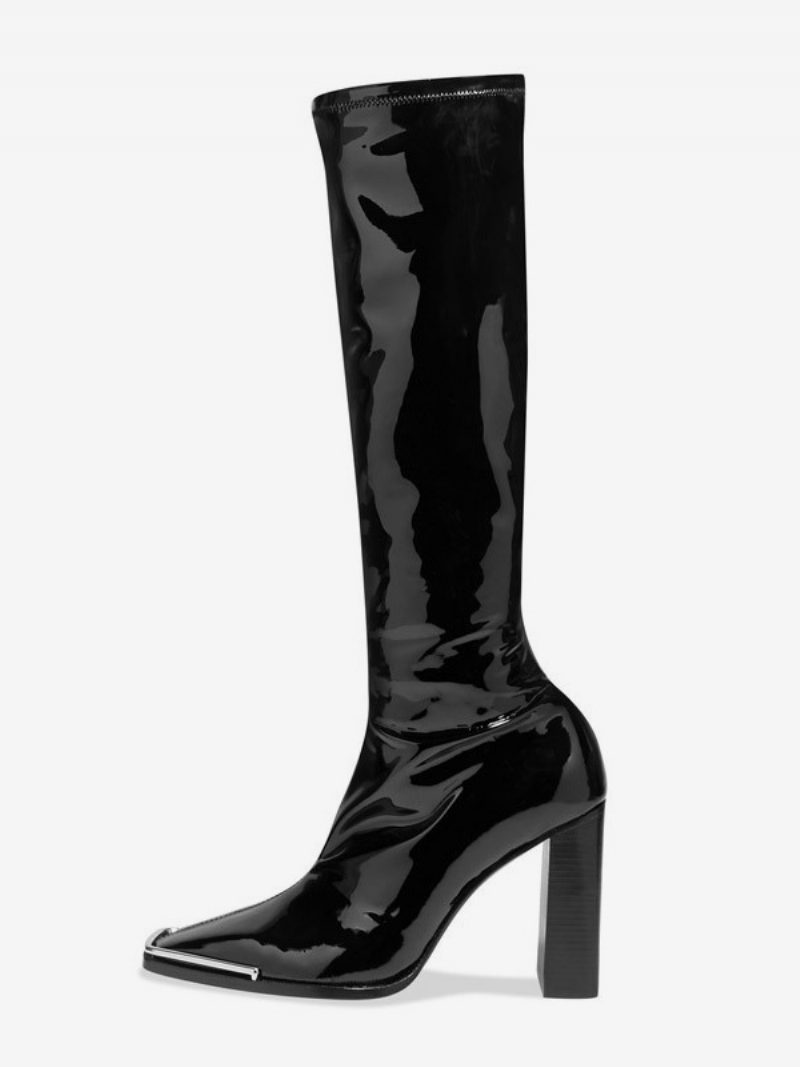 Schwarze Elastische Stiefel. Stiefel Mit Quadratischer Zehenpartie Und Klobigem Absatz. Mittelhohe Für Damen