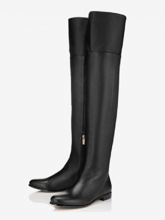 Schwarze Flache Stiefel Für Damen Mit Runder Spitze Und Oberschenkelhohen Stiefeln