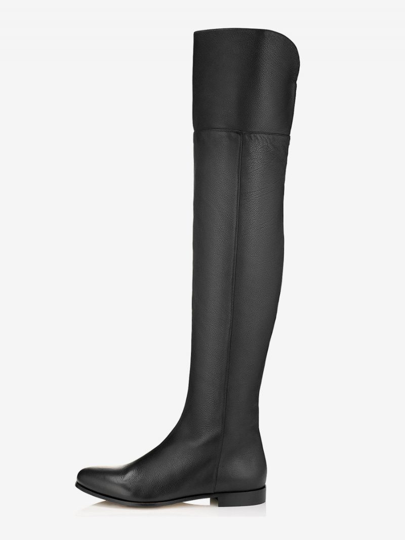 Schwarze Flache Stiefel Für Damen Mit Runder Spitze Und Oberschenkelhohen Stiefeln - Schwarz