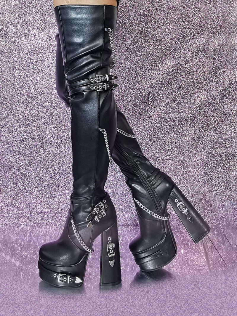 Schwarze Gothic Oberschenkelhohe Stiefel Damen Plateau Metall Detail High Heel Overknee