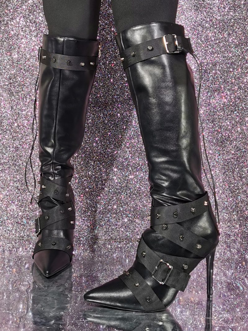 Schwarze Kniehohe Damenstiefel Mit Schnallendetail - Schwarz