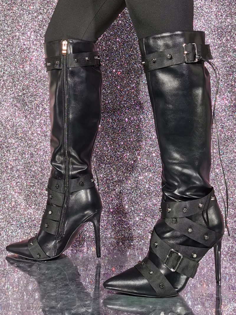 Schwarze Kniehohe Damenstiefel Mit Schnallendetail - Schwarz