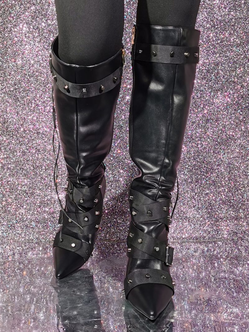 Schwarze Kniehohe Damenstiefel Mit Schnallendetail - Schwarz