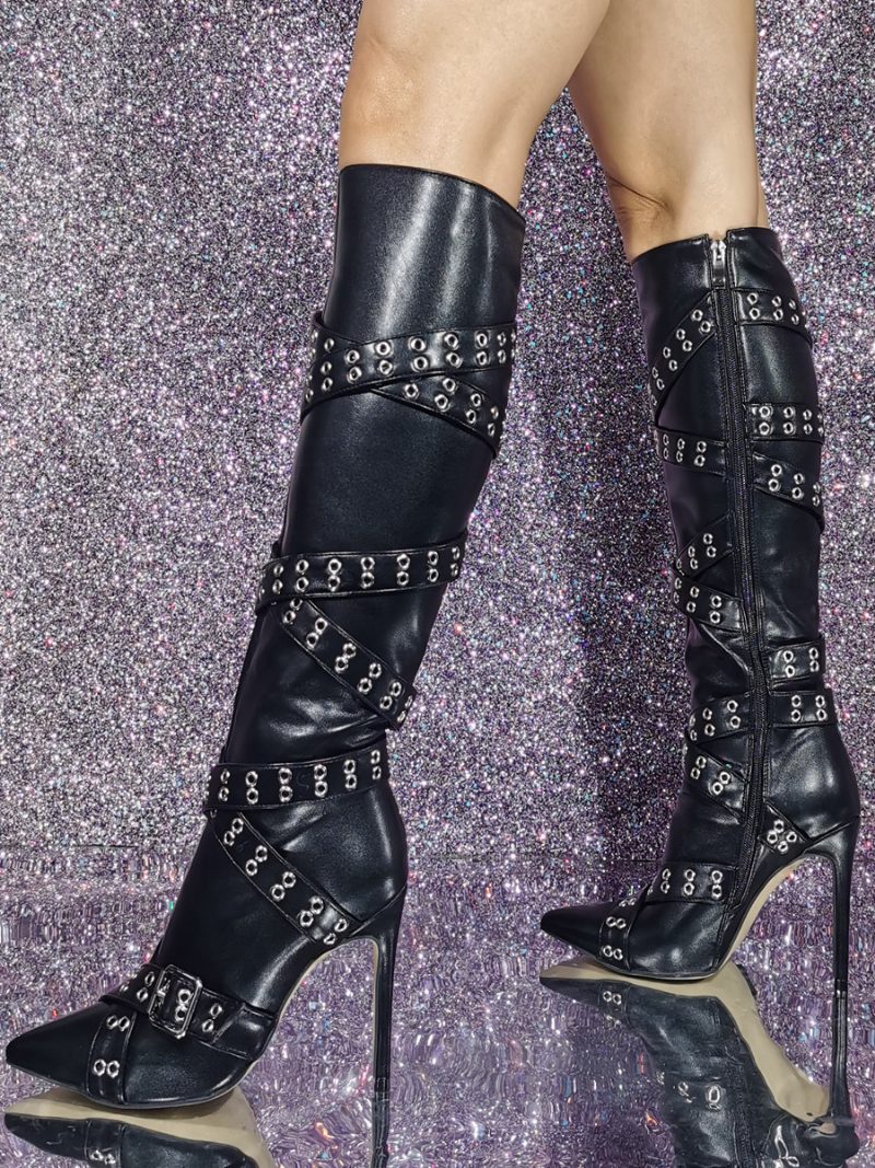 Schwarze Kniehohe Damenstiefel Mit Spitzer Zehenpartie Und Schnallendetail - Schwarz