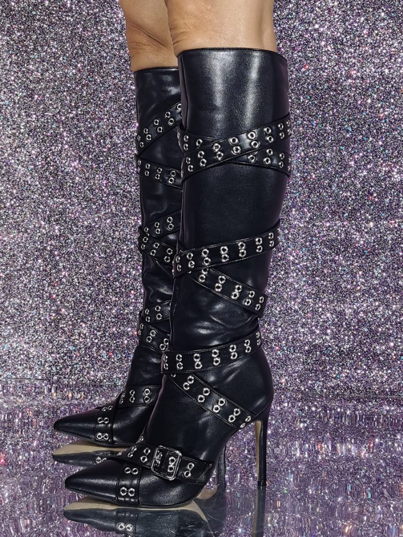 Schwarze Kniehohe Damenstiefel Mit Spitzer Zehenpartie Und Schnallendetail - Schwarz