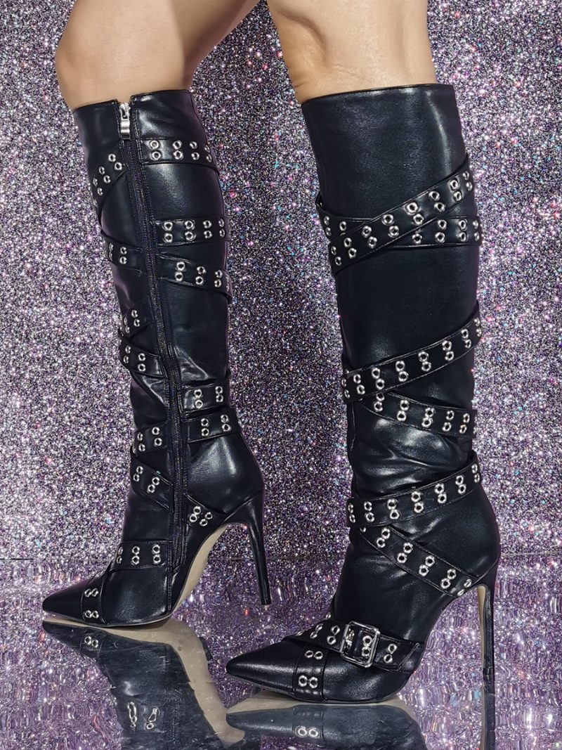 Schwarze Kniehohe Damenstiefel Mit Spitzer Zehenpartie Und Schnallendetail - Schwarz