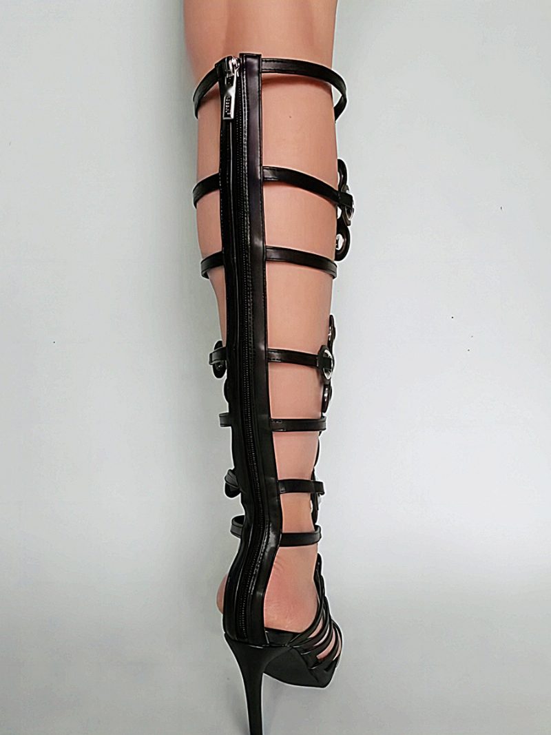 Schwarze Kniehohe Sandalenstiefel Für Damen Mit Spitzer Zehenpartie Und Cut-out-stiletto-absatz-gladiator-sandalen - Schwarz