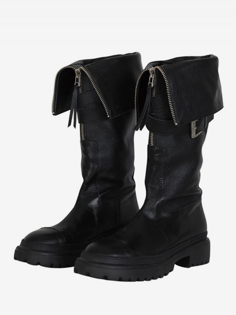 Schwarze Kniehohe Stiefel Für Damen Mit Manschettenschnalle Und Flachem Detail