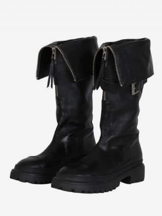 Schwarze Kniehohe Stiefel Für Damen Mit Manschettenschnalle Und Flachem Detail