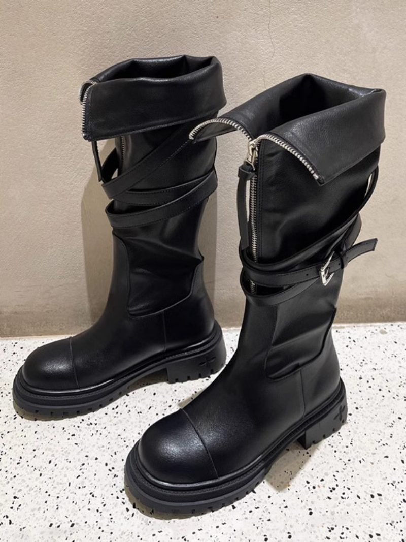 Schwarze Kniehohe Stiefel Für Damen Mit Manschettenschnalle Und Flachem Detail - Schwarz