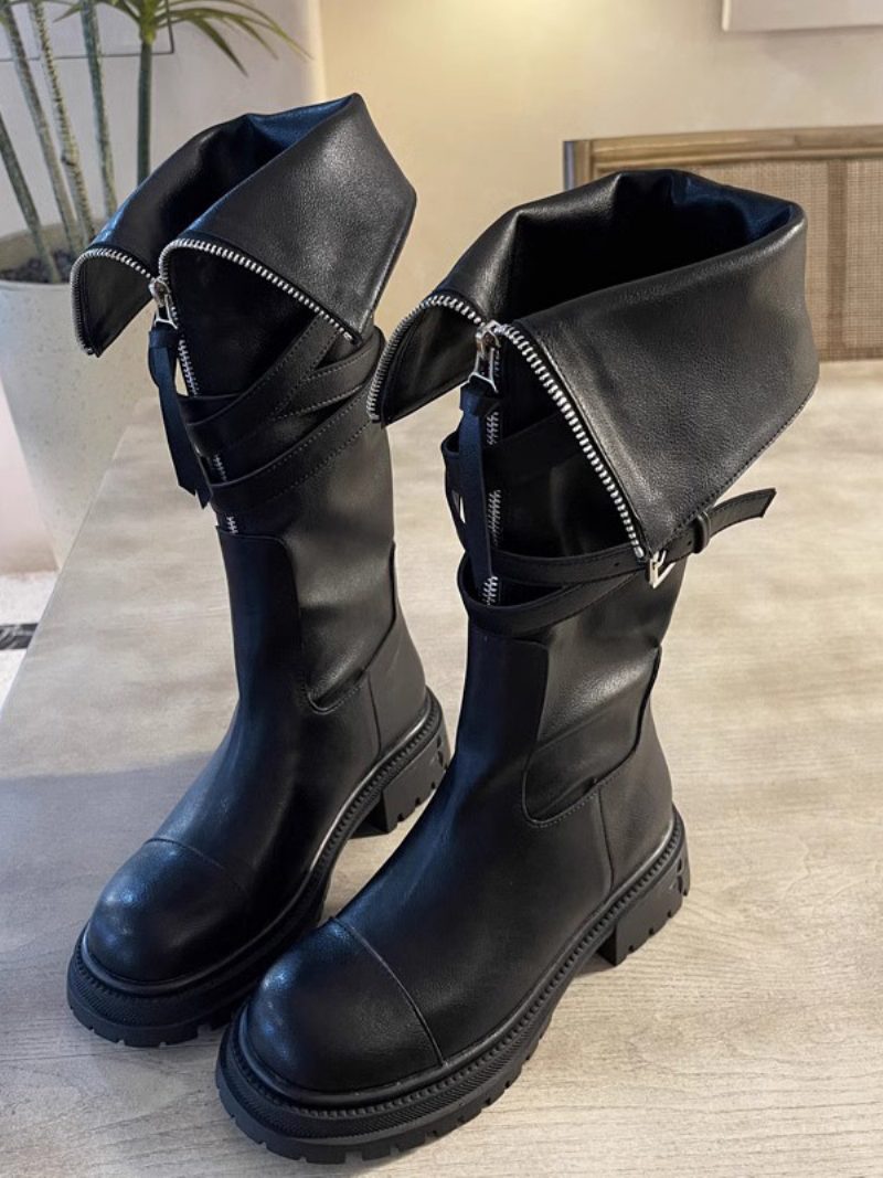 Schwarze Kniehohe Stiefel Für Damen Mit Manschettenschnalle Und Flachem Detail - Schwarz