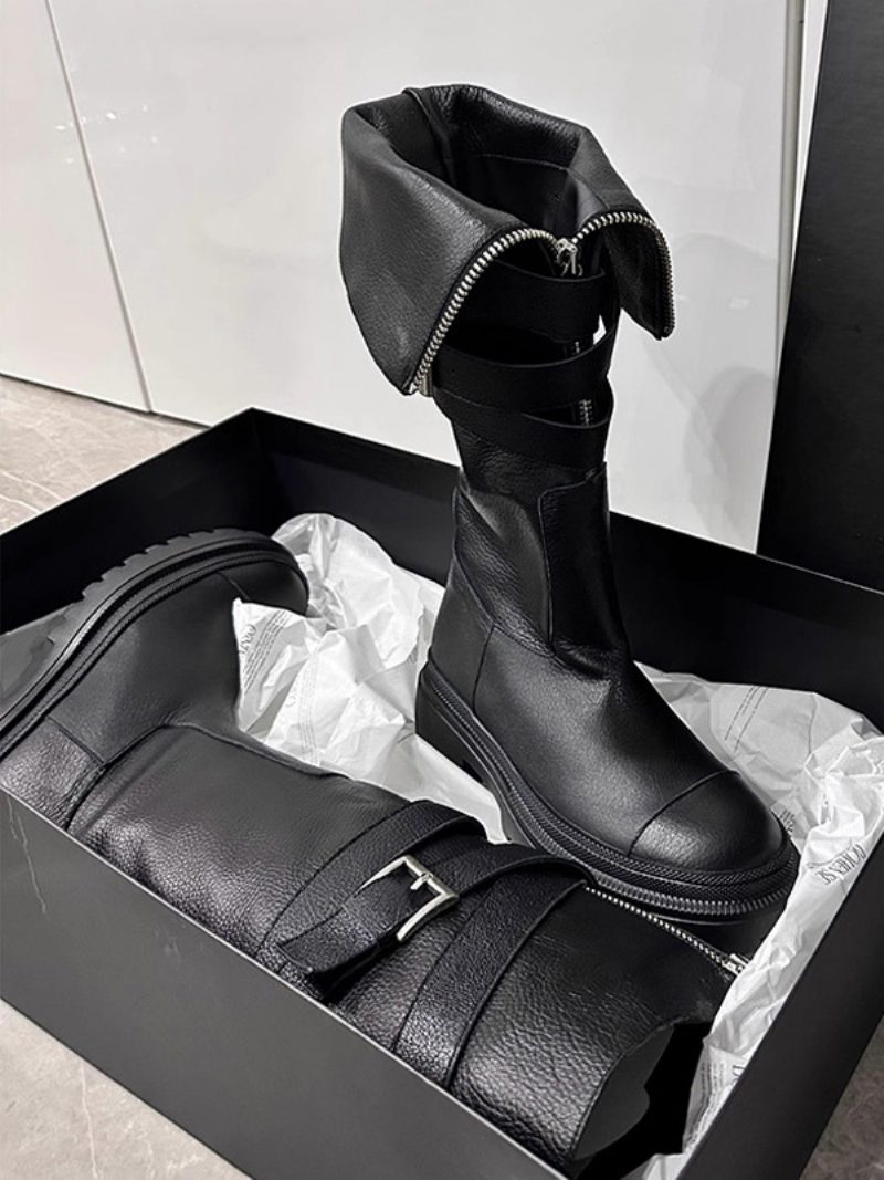 Schwarze Kniehohe Stiefel Für Damen Mit Manschettenschnalle Und Flachem Detail - Schwarz