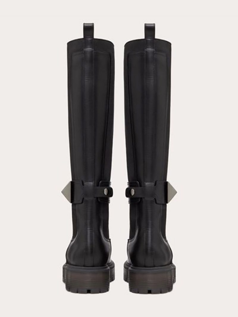 Schwarze Kniehohe Stiefel. Knielange Chelsea-stiefel Für Damen Mit Nietendetails - Pu Schwarz