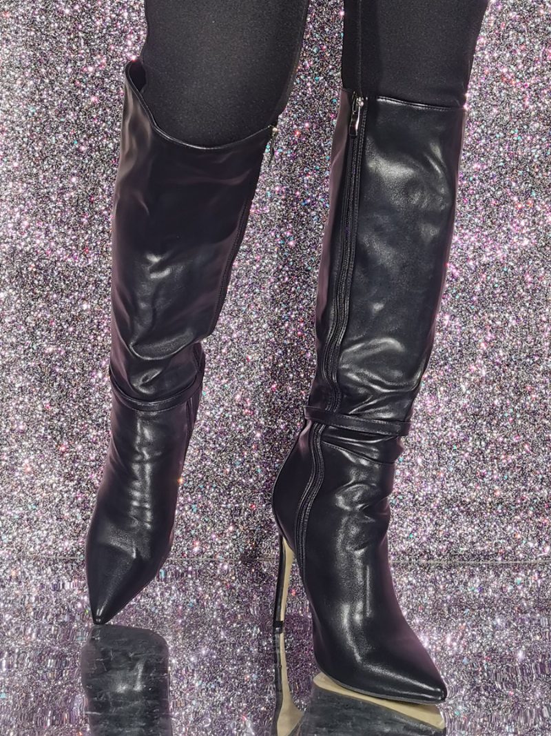 Schwarze Kniehohe Stiefel Mit Hohem Absatz Für Damen Knielange Spitzer Zehenpartie Und Schnallendetail - Schwarz