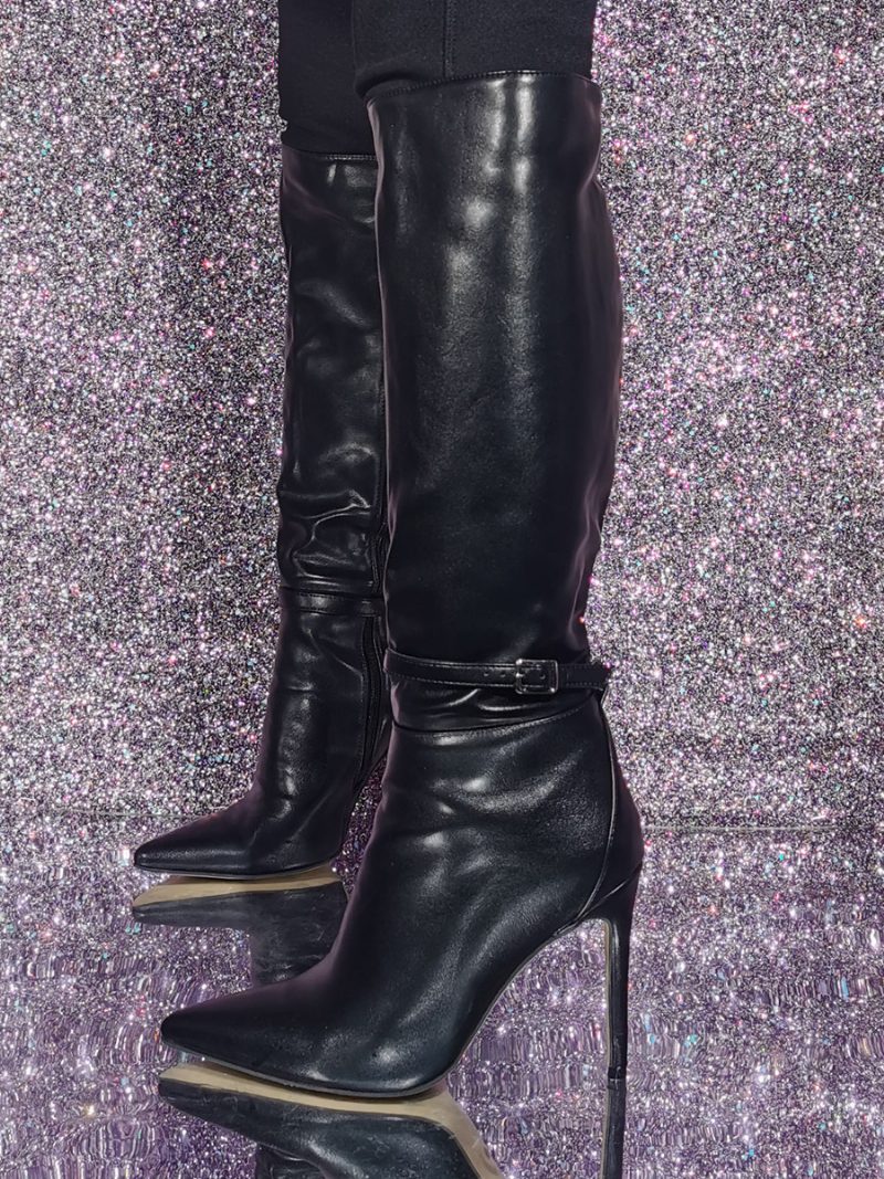 Schwarze Kniehohe Stiefel Mit Hohem Absatz Für Damen Knielange Spitzer Zehenpartie Und Schnallendetail - Schwarz