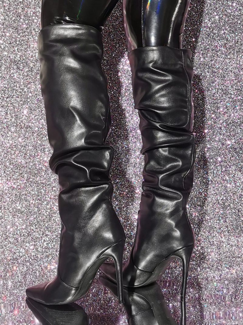 Schwarze Kniehohe Stiefel Mit Spitzer Zehenpartie Und Hohem Absatz Für Damen - Schwarz