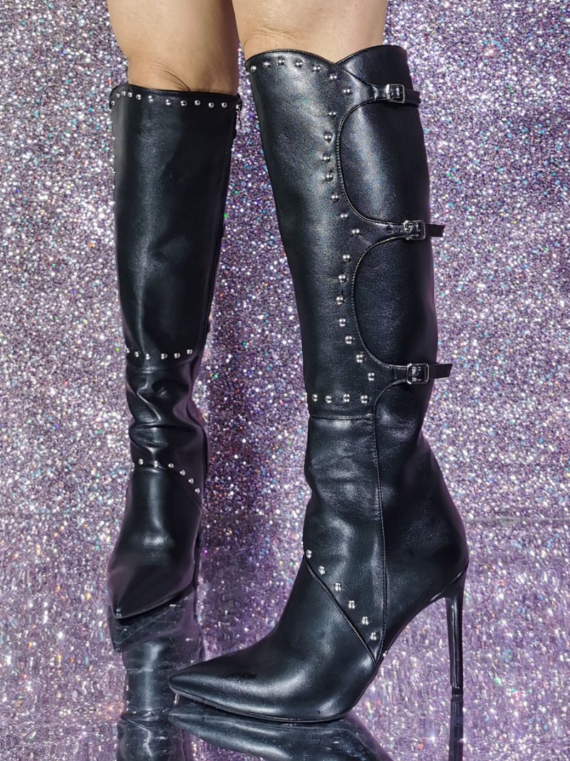 Schwarze Kniehohe Stiefel Mit Spitzer Zehenpartie Und Hohem Absatz Schnallendetail Für Damen - Schwarz