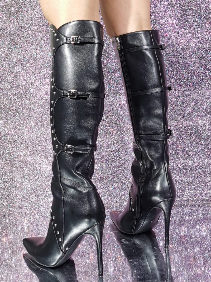 Schwarze Kniehohe Stiefel Mit Spitzer Zehenpartie Und Hohem Absatz Schnallendetail Für Damen - Schwarz