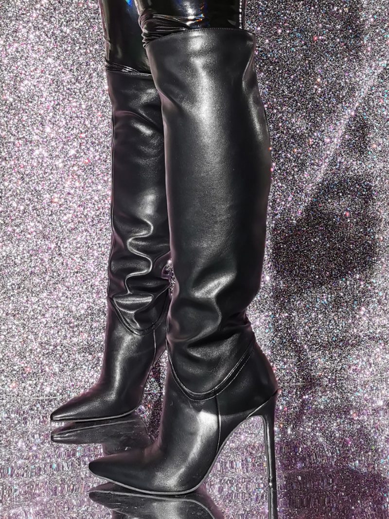 Schwarze Kniehohe Stiefel Mit Stiletto-absatz Für Damen - Schwarz