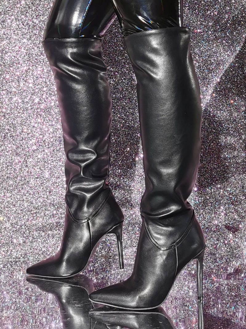 Schwarze Kniehohe Stiefel Mit Stiletto-absatz Für Damen - Schwarz