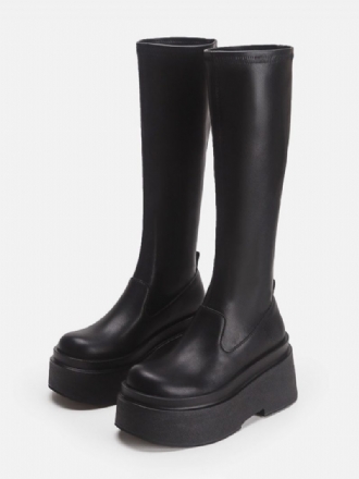 Schwarze Mid-claf-stiefel Für Damen Flache Stiefel Mit Runder Zehenpartie