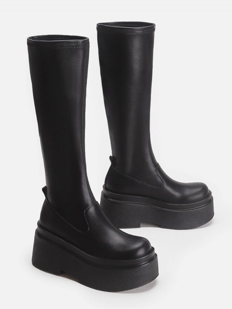 Schwarze Mid-claf-stiefel Für Damen Flache Stiefel Mit Runder Zehenpartie - Schwarz