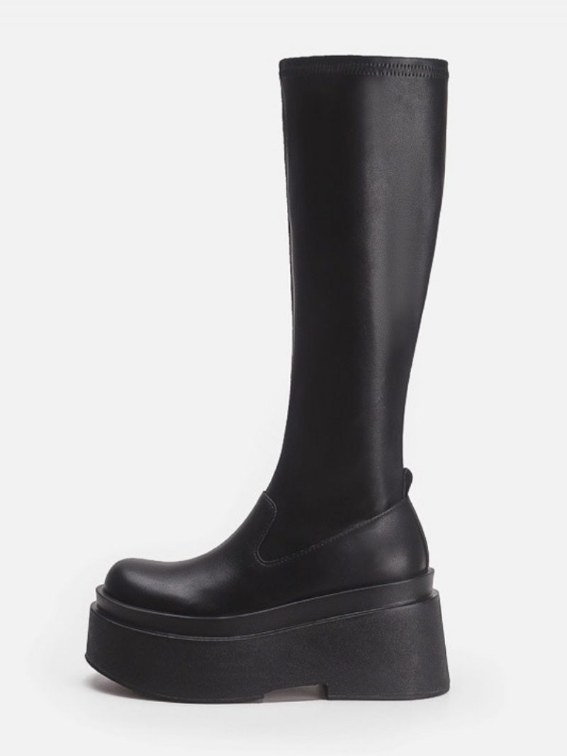 Schwarze Mid-claf-stiefel Für Damen Flache Stiefel Mit Runder Zehenpartie - Schwarz