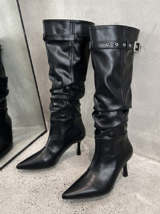 Schwarze Mittelhohe Stiefel Für Damen Mit Spitzer Zehenpartie Stiletto-absatz Und Schnallendetail Slouch-stiefel Hohem Absatz