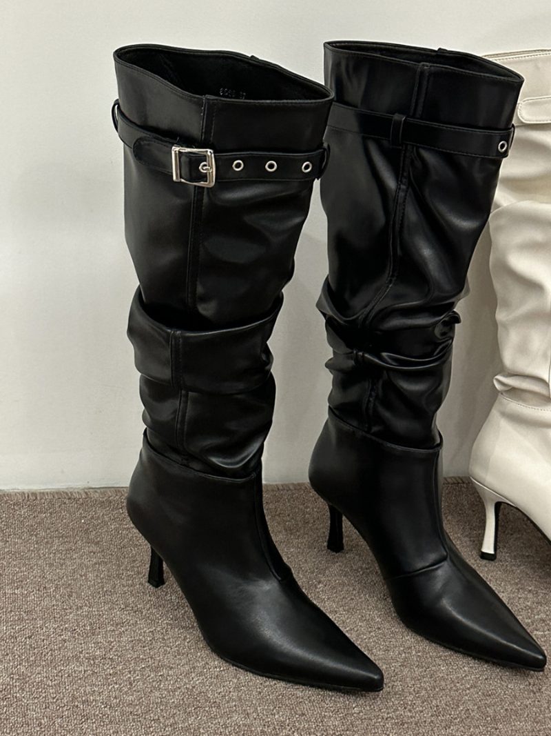 Schwarze Mittelhohe Stiefel Für Damen Mit Spitzer Zehenpartie Stiletto-absatz Und Schnallendetail Slouch-stiefel Hohem Absatz - Schwarz