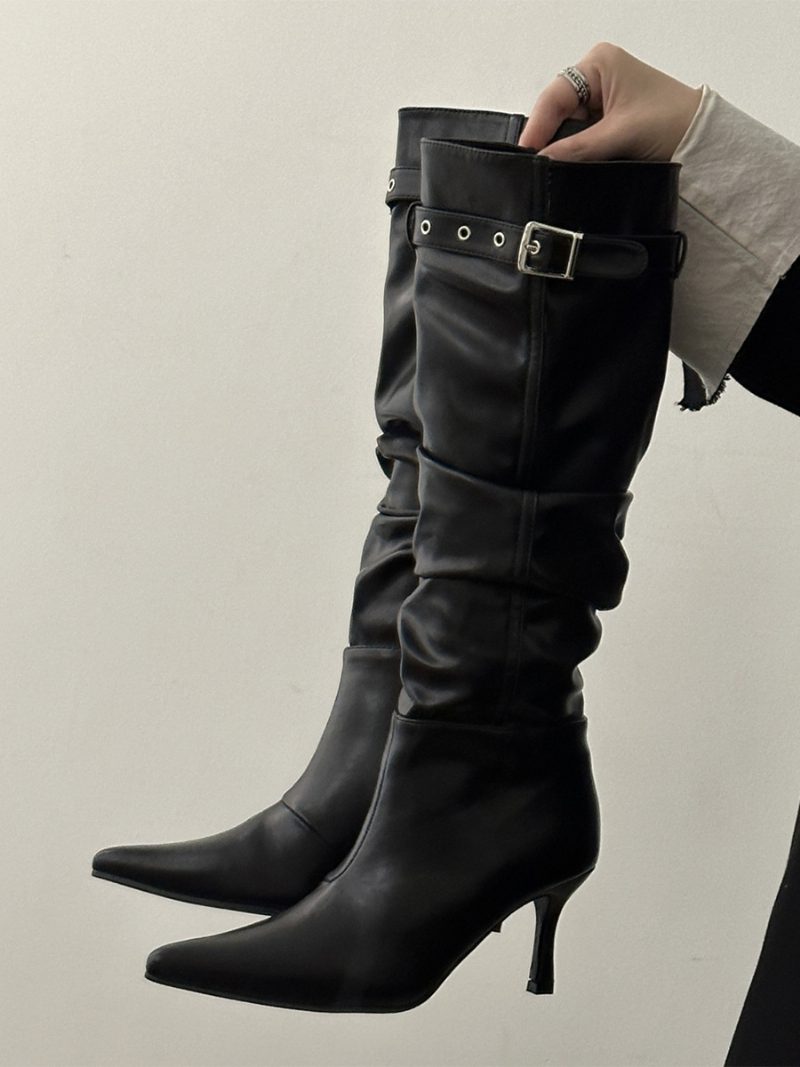 Schwarze Mittelhohe Stiefel Für Damen Mit Spitzer Zehenpartie Stiletto-absatz Und Schnallendetail Slouch-stiefel Hohem Absatz - Schwarz