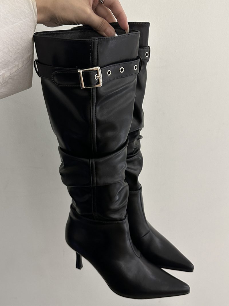 Schwarze Mittelhohe Stiefel Für Damen Mit Spitzer Zehenpartie Stiletto-absatz Und Schnallendetail Slouch-stiefel Hohem Absatz - Schwarz