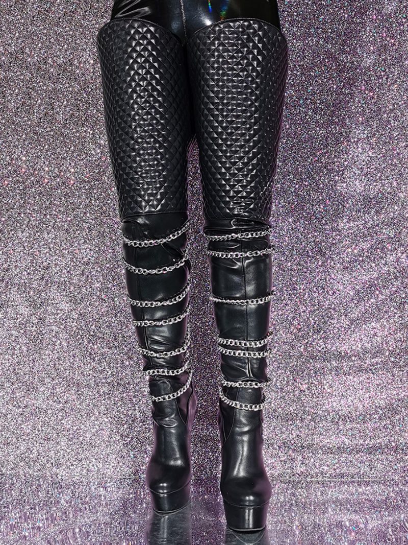 Schwarze Oberschenkelhohe Stiefel Für Damen Hoher Absatz Metalldetail Sexy Overknee-stiefel - Schwarz