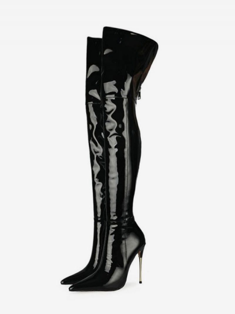 Schwarze Overknee-high-heel-stiefel Für Damen Aus Hellem Leder