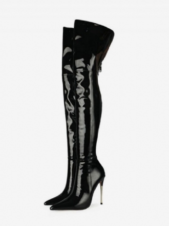 Schwarze Overknee-high-heel-stiefel Für Damen Aus Hellem Leder