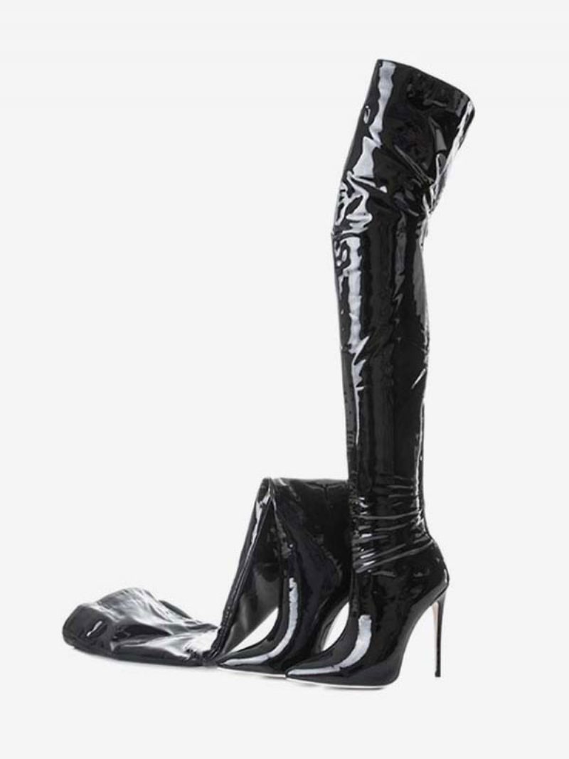 Schwarze Overknee-stiefel Für Damen Aus Hellem Lackleder Mit Spitzer Zehenpartie Und Stiletto-absatz