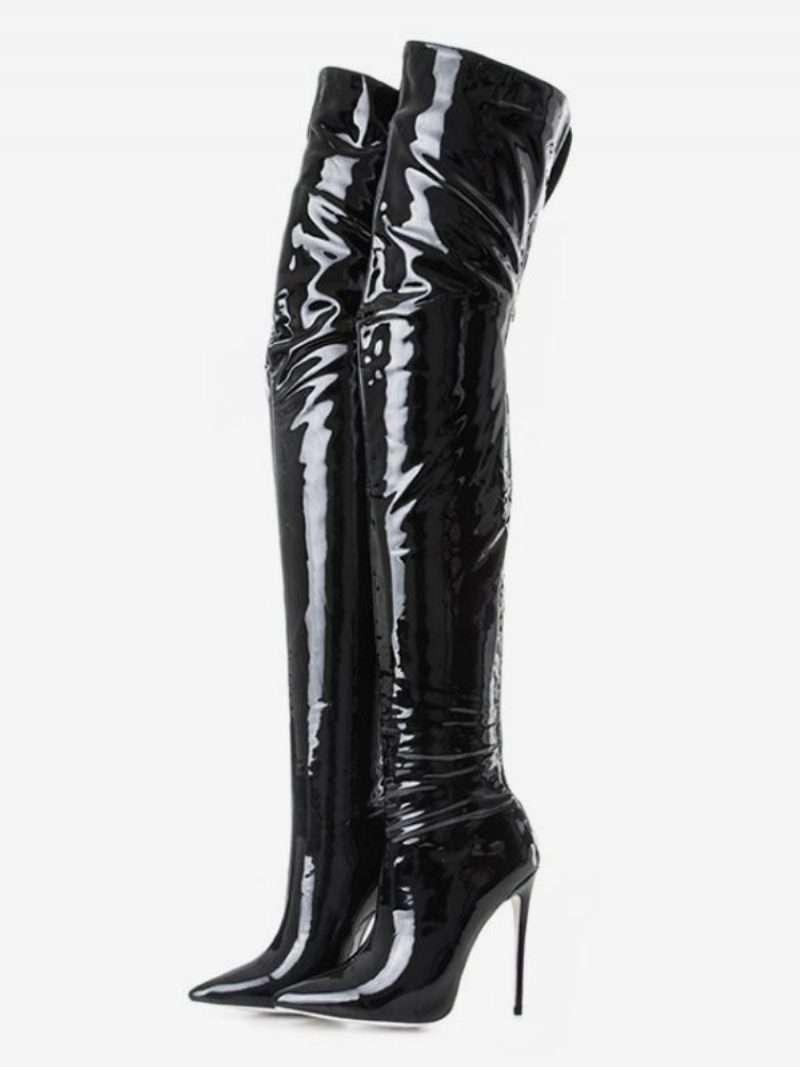 Schwarze Overknee-stiefel Für Damen Aus Hellem Lackleder Mit Spitzer Zehenpartie Und Stiletto-absatz - Schwarz