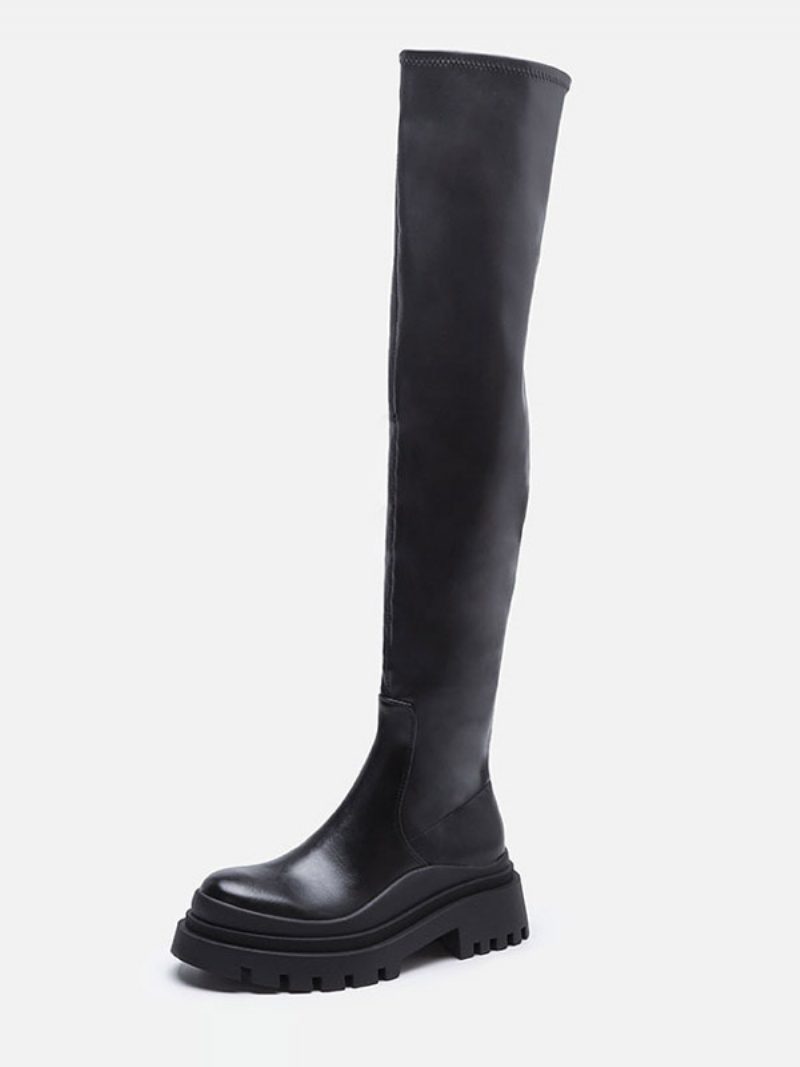 Schwarze Overknee-stiefel Für Damen Flache Oberschenkelhohe Stiefel