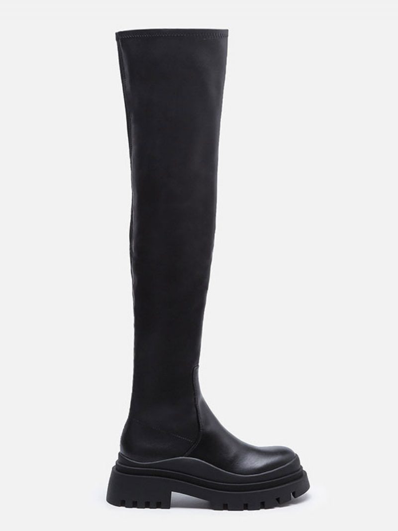 Schwarze Overknee-stiefel Für Damen Flache Oberschenkelhohe Stiefel - Schwarz